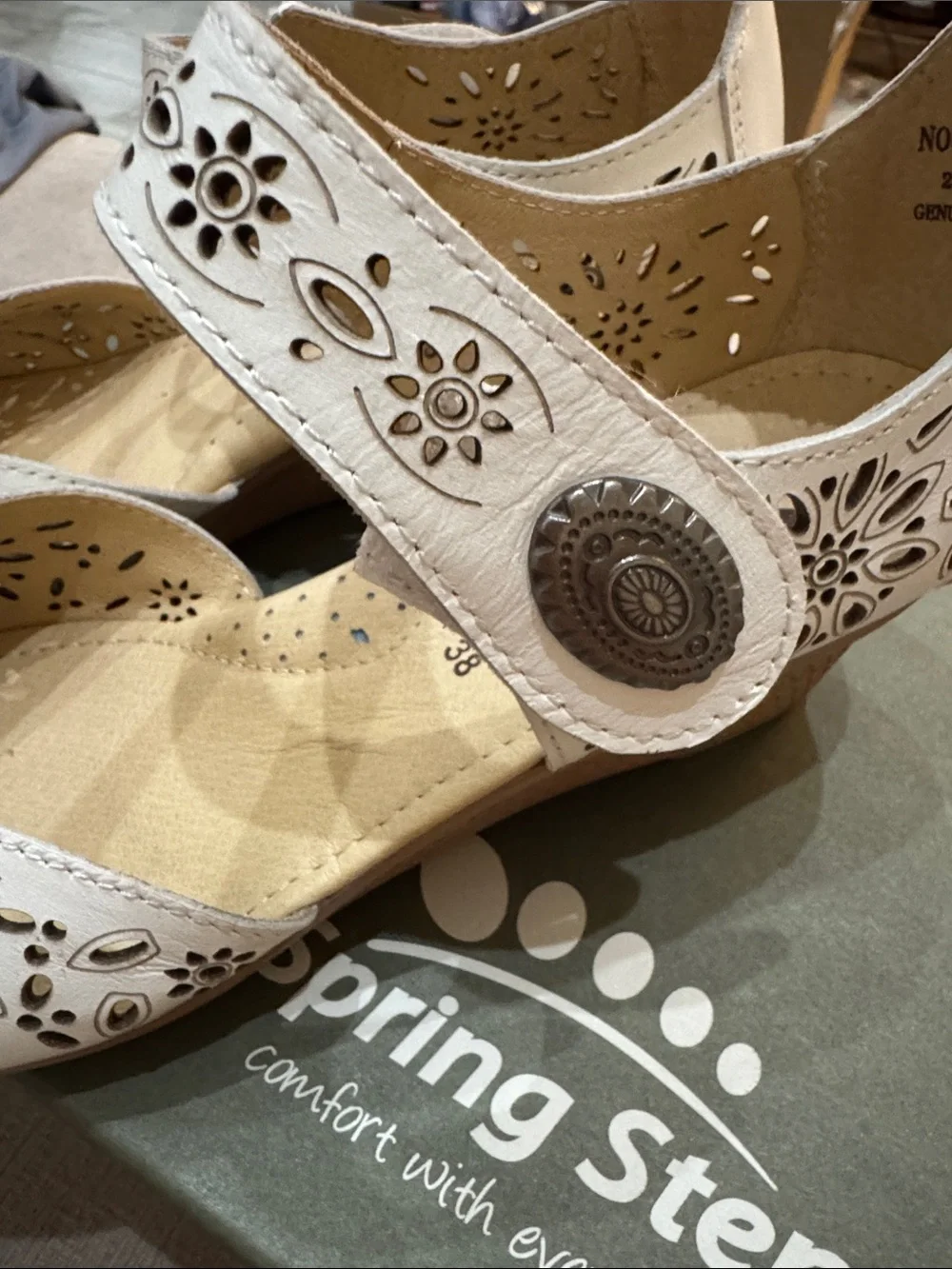 Spring Step NWT White Laser-Cut Mary Jane Flats with Ankle Strap